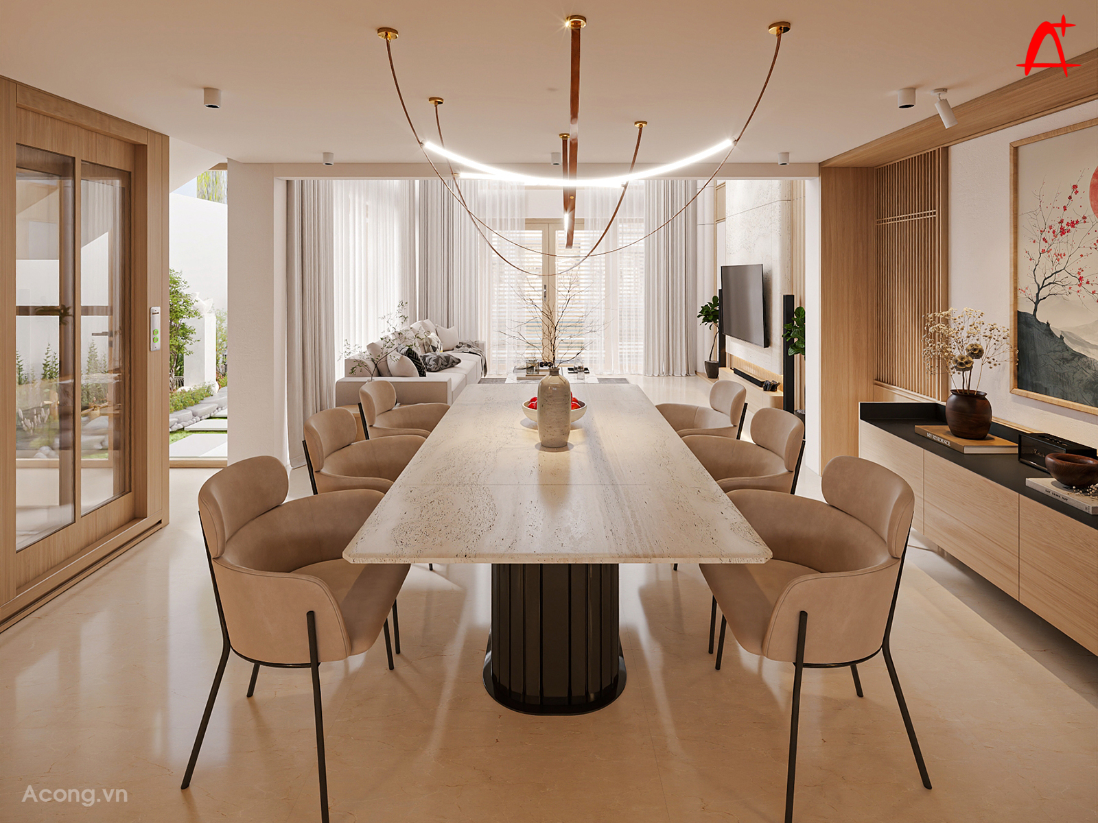 Khu vực bàn ăn bố trí trung tâm, thuận tiện di chuyển giữa phòng khách và bếp, phù hợp sinh hoạt gia đình.